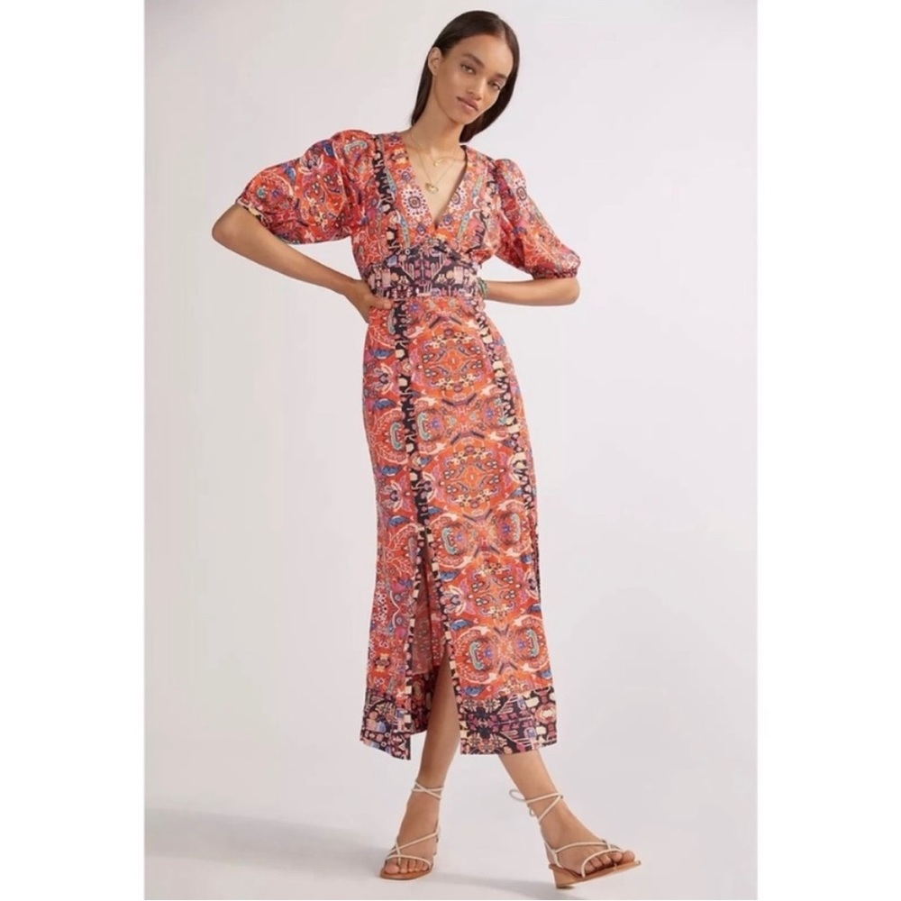 ANTHROPOLOGIE Floral Maxi Dress V-neck Short Sleeves Slit Hem Red NWT 4 coral